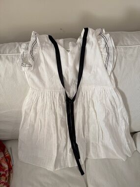 Girls White Ruffle Sleeve Cotton Dress with Black Tie Detail